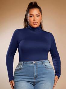SHEIN SXY Plus Size Solid Color Slim Fit High-Necked Long Sleeve All-Match T-Shirt Basic Tees