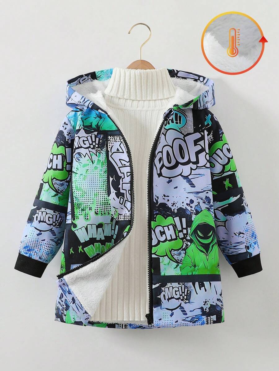 1 件年轻男孩休闲酷蓝绿动漫/漫画全图案数码印花保暖内衬连帽保暖夹克，适合日常和街头风格，秋冬季