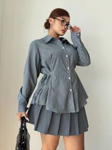 POPSWAY 1 件女式加大码基本款条纹图案腰带领长袖休闲衬衫，适合工作和学校穿着，春秋季 - 彩色 - 查看 4