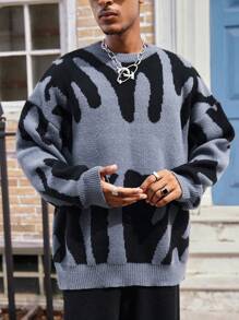 Men's Pattern Print Crew Neck Long Sleeve Sweater And Knit Shorts Casual Loose Suit, Fall/Winter