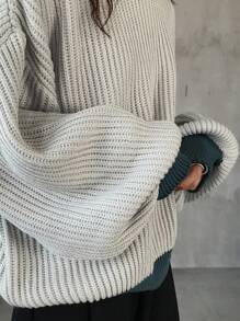 FRIFUL Women Autumn/Winter Contrast Color Round Neck Dropped Shoulder Long Sleeve Casual Loose Knitted Sweater,Three Quarter Sleeve Tops