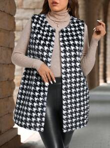 EMERY ROSE Plus Size Women Sleeveless Houndstooth Fluffy Open Front Jacket, Winter Women Clothes - Black and White - View 5