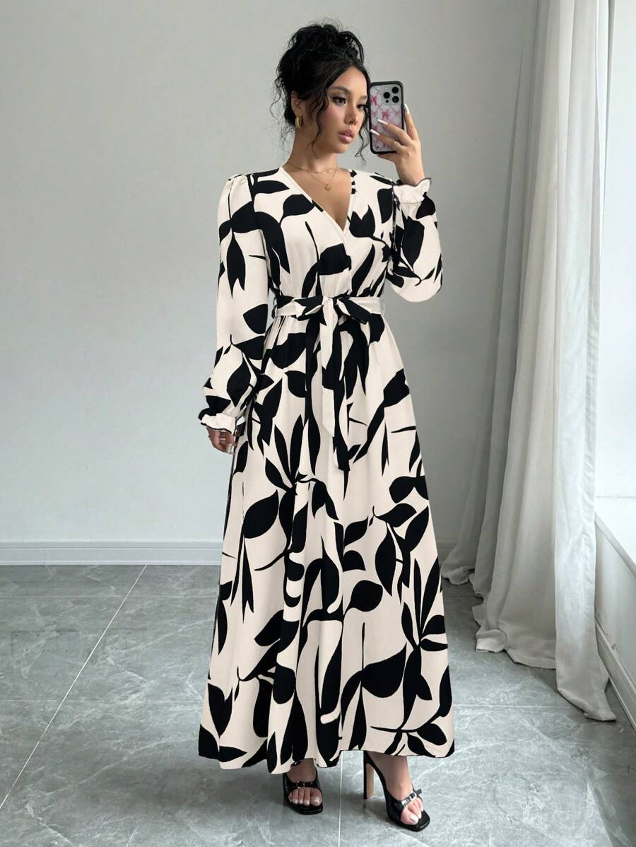 Breezaya Women V-Neck Lantern Sleeve Cinched Waist A-Line Long Dress, Autumn/Winter Maxi Women Outfit Fall Cloth For Women