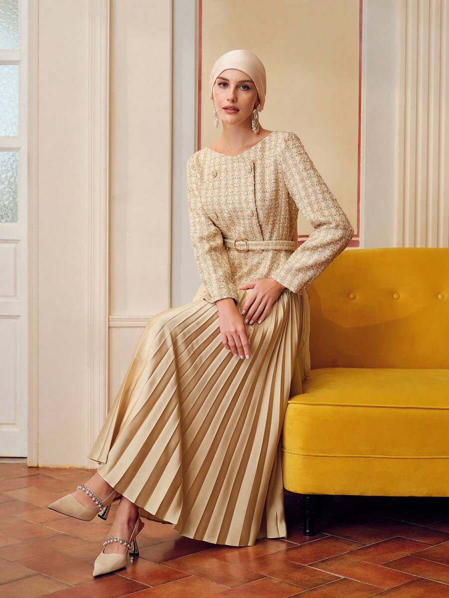 ZEYLAH 粗花呢紧身胸衣褶边扣带腰带二合一长裙 - 杏色 - 查看 1