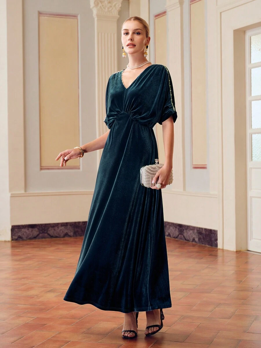 ZEYLAH VELVET V-NECK BATWING SLEEVE FAUX PEARL TRIM LONG DRESS