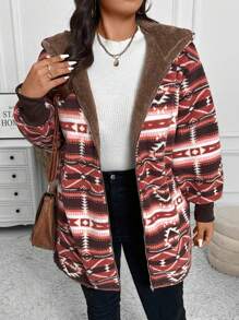 SHEIN LUNE Áo khoác trùm đầu mềm mại ấm áp họa tiết hình học cỡ lớn, mùa thu/đông - Nhiều màu - Xem 1