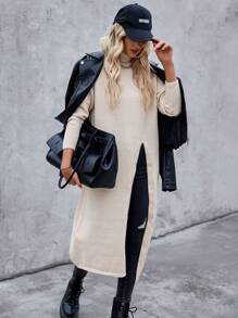 Chiquease Women High Neck Drop Shoulder Long Sleeve High Slit Loose Sweater, Autumn/Winter Knit Pullover Fall Outfit