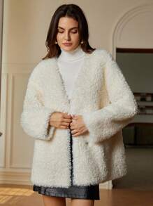 Zanirela Solid Color Mink Velvet Overcoat, New Loose Slouchy Anti-Age Thickened V-Neck Faux Jacket Fall Cloth For Women - White - View 4