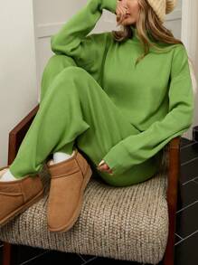 GENKIRA Bộ 2 áo len cổ lọ phong cách tối giản đi làm và quần ống đứng - màu xanh lá - Xem 5