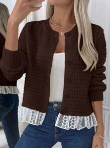 SHEIN Unity Chaqueta de punto casual de mujer con bloqueo de color y encaje, para otoño/invierno - Café integral - Ver 7