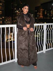 SHEIN SXY 女士冬季保暖蓬松背心外套 - 棕色 - 查看 4