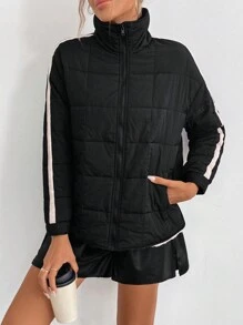 Chiquease Thick Padded Padded Coat Clothes Winter With Contrasting Striped Zipper, Quilted Plaid Pattern, Pockets, Casual Sports Wear - Black - View 5