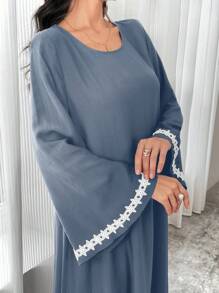 Al Najma 女士拼布缎带喇叭袖长款宽松土耳其连衣裙、卡夫坦和贾拉比亚长袍端庄连衣裙阿拉伯连衣裙 - 藍色 - 查看 8