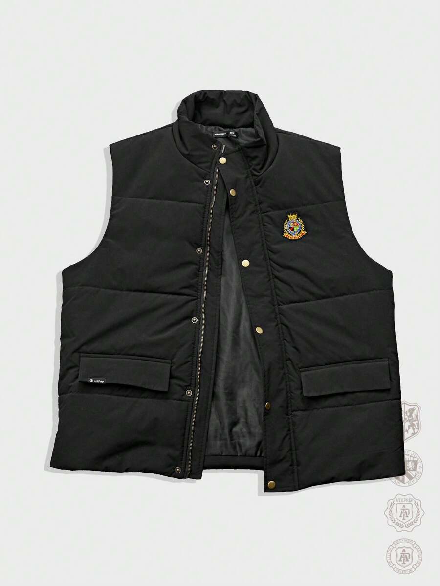Manfinity VCAY Men's Embroidered Front Button Sleeveless Padded Coat, Autumn/Winter,Back To School - Black - View 1