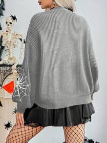 SHEIN Unity 女士休闲插肩蜘蛛网印花开衫，适合万圣节 - 灰色 - 查看 2
