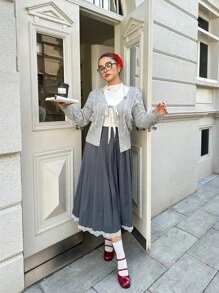 Flirla Plus Size Floral Gray Cute Embroidered Bowknot Knitted Cardigan Fall Cloth For Women