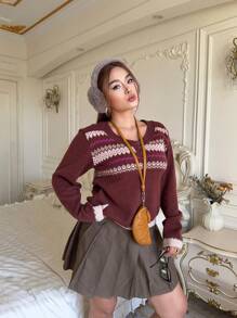 Flirla Jersey de cuello alto con botones de jacquard estilo retro