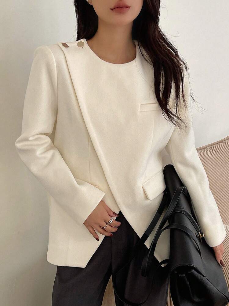 Women Solid Color Round Neck Asymmetric Hem Elegant Long Sleeve Jacket,Fall Women Clothes