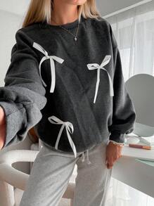 Aloruh Áo nỉ cổ tròn mới về có trang trí nơ, màu xám trơn, lót nhiệt ấm áp, tay dài - Màu xám đen - Xem 1