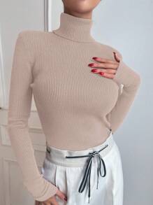 DAZY 女士休闲百搭秋季新款高领修身毛衣，适合冬季、秋季女装 - 卡其色 - 查看 3