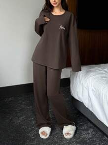 DAZY Simple & Loose Fit Minimal Printed Lounge Wear Set - Coffee Brown - View 9