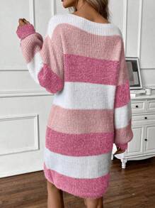 SHEIN LUNE Women Crew Neck Long Sleeve Striped Casual Short Sweater Dress In Fall/Winter - Multicolor - View 2