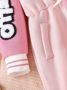 SHEIN 年轻女孩卡通刺绣羊毛半开领拼接连帽长款连体裤，时尚运动休闲装，适合外出，春秋季 - 粉色 - 查看 4