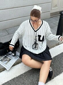 Flirla Plus Size American Casual Flocked English Letter Pattern Pullover Sweater Knit Pullover Fall Winter - Black and White - View 1