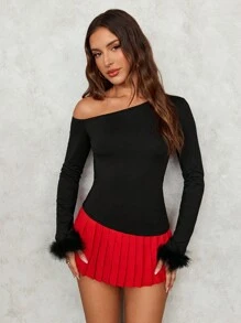 SHEIN SXY 1 chiếc áo phông dài tay màu đen có viền bất đối xứng, vai chéo, cổ tay lông vũ thanh lịch dành cho nữ, mùa thu/đông - màu đen - Xem 5