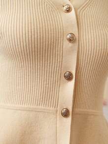 ZEYLAH SOLID V-NECK SINGLE BREASTED PLACKET PEPLUM CARDIGAN - Dusty Pink - View 3