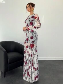 Aloruh Vestido casual de manga larga con estampado completo de rosas