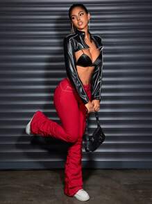 SHEIN SXY Y2K 复古休闲低腰修身喇叭弹力牛仔裤，常规编织红色牛仔裤，适合所有季节 - 紅色 - 查看 5