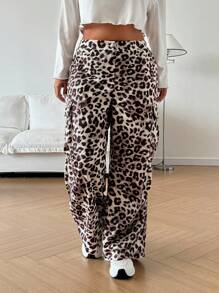 Flirla Plus Size Leopard Print Snap Button Front Side Pockets Elastic Waist Cargo Pants Fall Cloth For Women - Multicolor - View 4