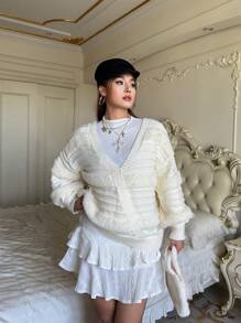 Flirla Plus Size Criss-Cross Back Bow Design Pullover Sweater Knit Pullover Fall Winter - Apricot - View 3