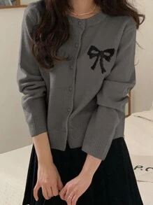 DAZY 1 件女士休闲纽扣开衫，带蝴蝶结图案，适合秋冬日常穿着，秋季女装 - 灰色 - 查看 2