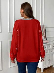 SHEIN LUNE Christmas Element Plus Size Women Casual V-Neck Raglan Sleeve Long Sleeve Hoodie Sweatshirt, Suitable For Autumn & Winter