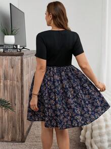 SHEIN LUNE 大码方领花卉印花优雅短袖连衣裙节日派对连衣裙女士派对连衣裙 - 藏蓝色 - 查看 2