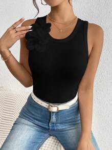 Breezaya 1 件女式简约纯色 3D 花卉装饰上衣，休闲日常穿着 - 黑色 - 查看 4