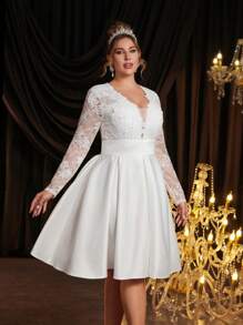 SHEIN Belle Plus Size White Satin Jacquard Splice Sheer Floral Mesh Jacquard V Neck A-Line Dress, Elegant Bridal Shower/Wedding Guest Dress, Little White Dress,Bride