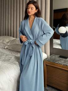DAZY Soft Knit Solid Color Belted Loose Long Sleeve Robe Pajama - Blue - View 4
