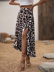 Breezaya Women Leopard Print Ruffle Hem A-Line Knee-Length Skirt, Casual Everyday Wear - Khaki - View 3