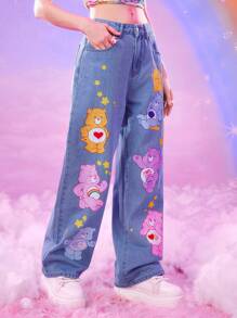 ROMWE X Care Bears 女士休闲可爱卡通熊印花宽松阔腿牛仔裤 - 中等水洗藍 - 查看 1