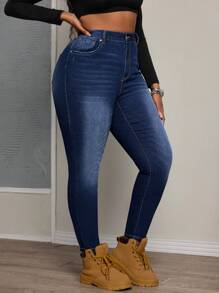 SHEIN SXY Damskie jeansy Plus Size, elastyczne, sprane, obcisłe, z przetarciami