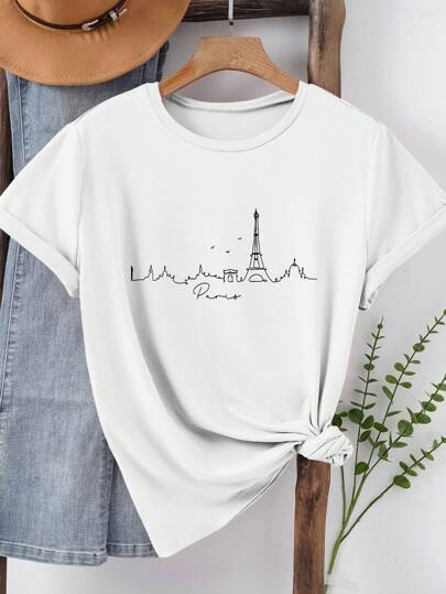 INAWLY Camiseta de manga corta con cuello redondo, estampado gráfico de silueta del paisaje de París, camisetas gráficas casuales para mujer