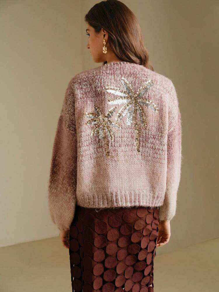 Women's Vintage Slouchy Beaded Embroidery Ombre Open Cardigan