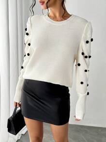 Chiquease Elegant Solid Color Round Neck Puffy Sleeve Sweater, Autumn/Winter