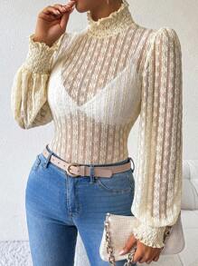 Chiquease Women's Solid Color See-Through Lace Stand Collar Long Sleeve Top - Apricot - View 5