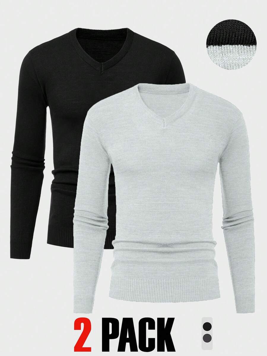 EURMUSE Men 2pcs Pack Solid Slim Fit Sweater - Black and White - View 1