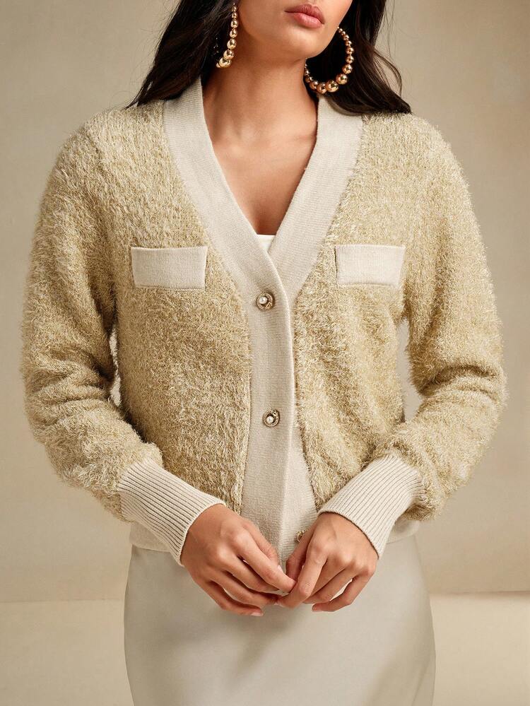 Women's Elegant Christmas V-Neck Faux Pearl Button Glitter Fluffy Short Cardigan