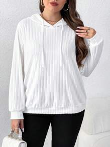 SHEIN LUNE 大码女式休闲通勤毛绒条纹针织圆领长袖运动衫，秋季 - 白色 - 查看 1